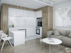 Minmal Krk - Duża otwarta biała z zabudowaną lodówką kuchnia w kształcie litery l, styl minimalistyczny - zdjęcie od SWSTUDIO
