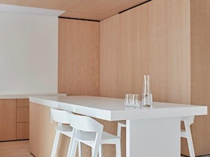 Biel i drewno w prostych formach - Średnia biała jadalnia w kuchni, styl minimalistyczny - zdjęcie od 81.WAW.PL