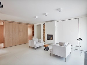 Biel i drewno w prostych formach - Mały biały salon, styl minimalistyczny - zdjęcie od 81.WAW.PL