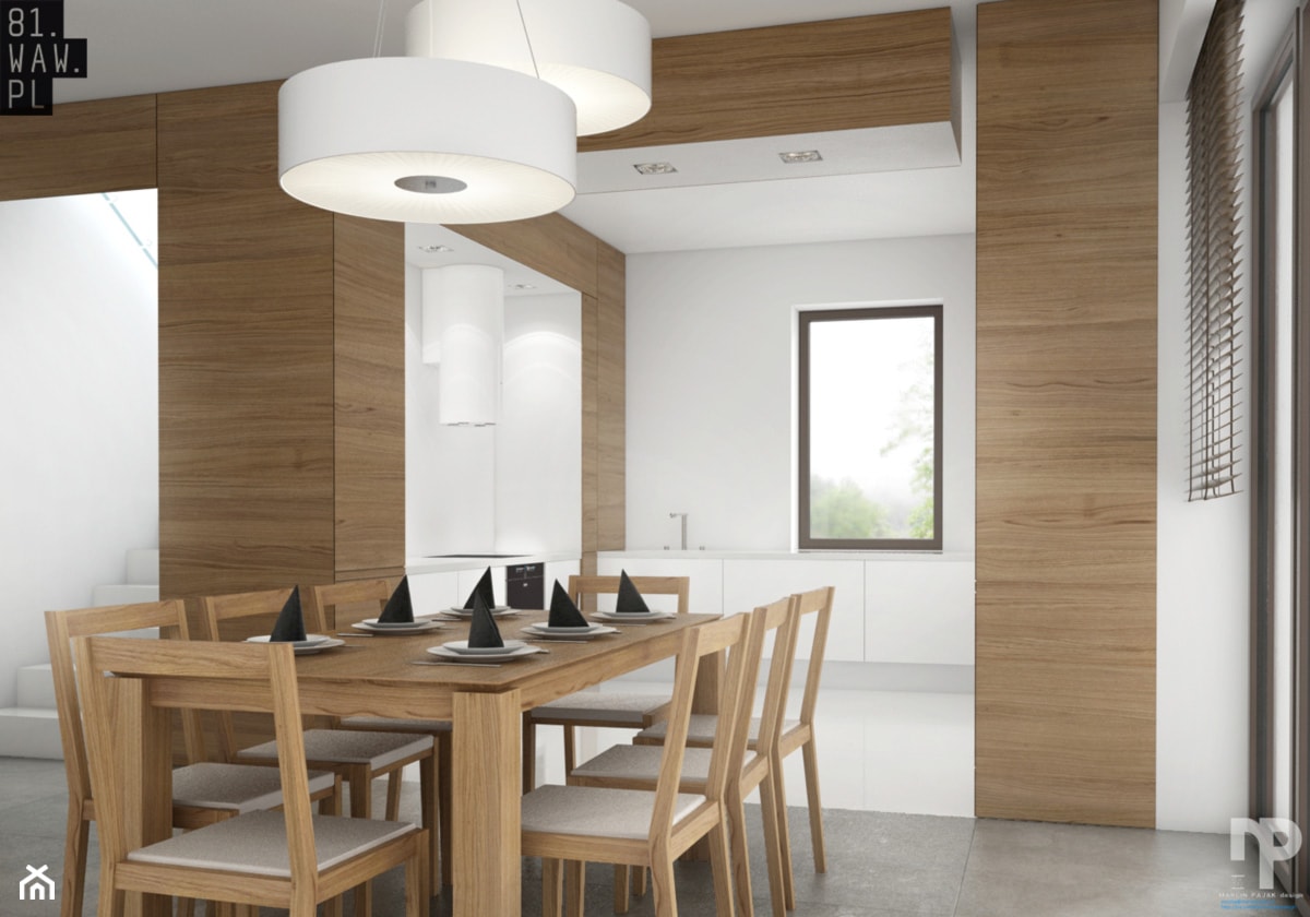 Wzgórza Dylewskie - Średnia biała jadalnia w kuchni, styl minimalistyczny - zdjęcie od 81.WAW.PL - Homebook