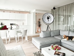 Mały biały salon z kuchnią z jadalnią, styl nowoczesny - zdjęcie od muc&scott interiors