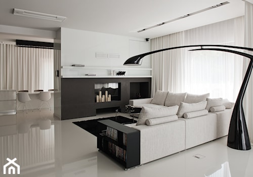 PROJEKT 2 - Średni biały czarny salon z jadalnią, styl minimalistyczny - zdjęcie od muc&scott interiors
