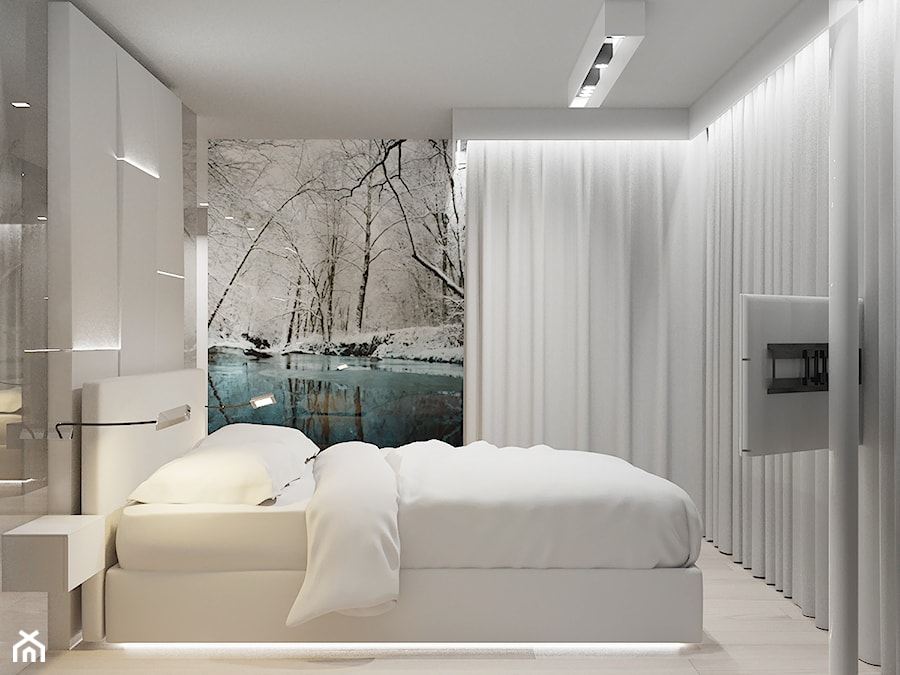 PROJEKT 6 - Średnia biała szara z panelami tapicerowanymi sypialnia, styl nowoczesny - zdjęcie od muc&scott interiors