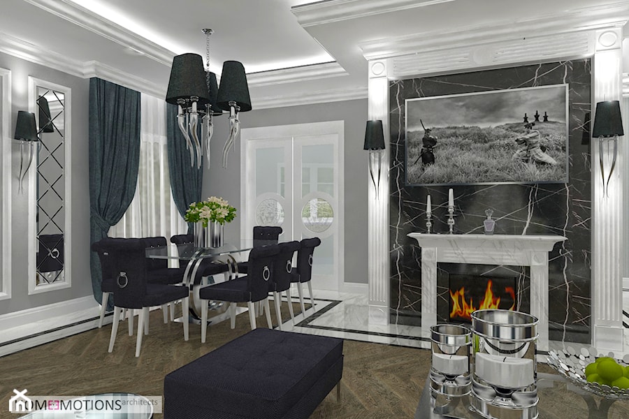 Nowoczesna klasyka - Duża czarna szara jadalnia w salonie, styl tradycyjny - zdjęcie od Homeemotions.architects