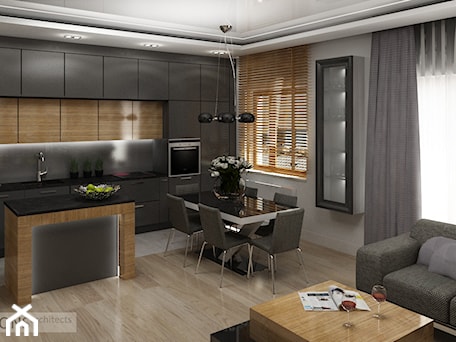 Aranżacje wnętrz - Jadalnia: Apartament szary - Średnia szara jadalnia w salonie w kuchni, styl nowoczesny - Homeemotions.architects. Przeglądaj, dodawaj i zapisuj najlepsze zdjęcia, pomysły i inspiracje designerskie. W bazie mamy już prawie milion fotografii!