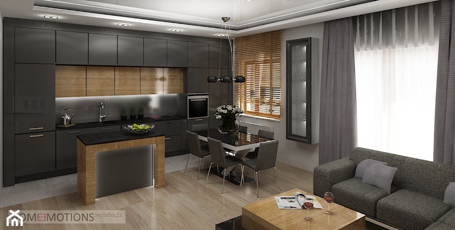 Apartament szary - Średnia szara jadalnia w salonie w kuchni, styl nowoczesny - zdjęcie od Homeemotions.architects