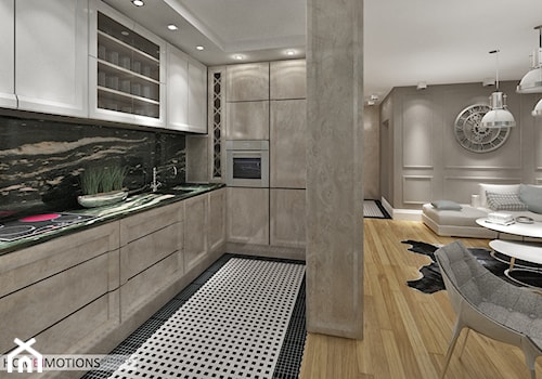 Szczypta luxusu - Średnia otwarta z salonem z zabudowaną lodówką kuchnia w kształcie litery l, styl nowoczesny - zdjęcie od Homeemotions.architects