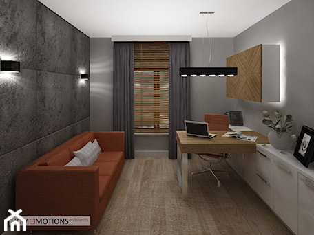 Aranżacje wnętrz - Biuro: Apartament szary - Duże w osobnym pomieszczeniu z sofą z zabudowanym biurkiem szare biuro, styl minimalistyczny - Homeemotions.architects. Przeglądaj, dodawaj i zapisuj najlepsze zdjęcia, pomysły i inspiracje designerskie. W bazie mamy już prawie milion fotografii!