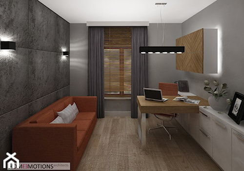 Apartament szary - Duże w osobnym pomieszczeniu z sofą z zabudowanym biurkiem szare biuro, styl min ... - zdjęcie od Homeemotions.architects