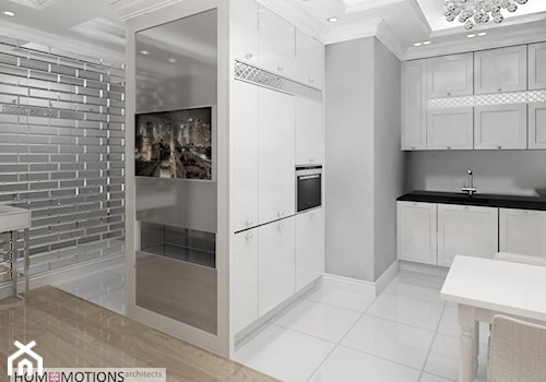 Mała średnia otwarta szara z zabudowaną lodówką kuchnia w kształcie litery u, styl nowoczesny - zdjęcie od Homeemotions.architects