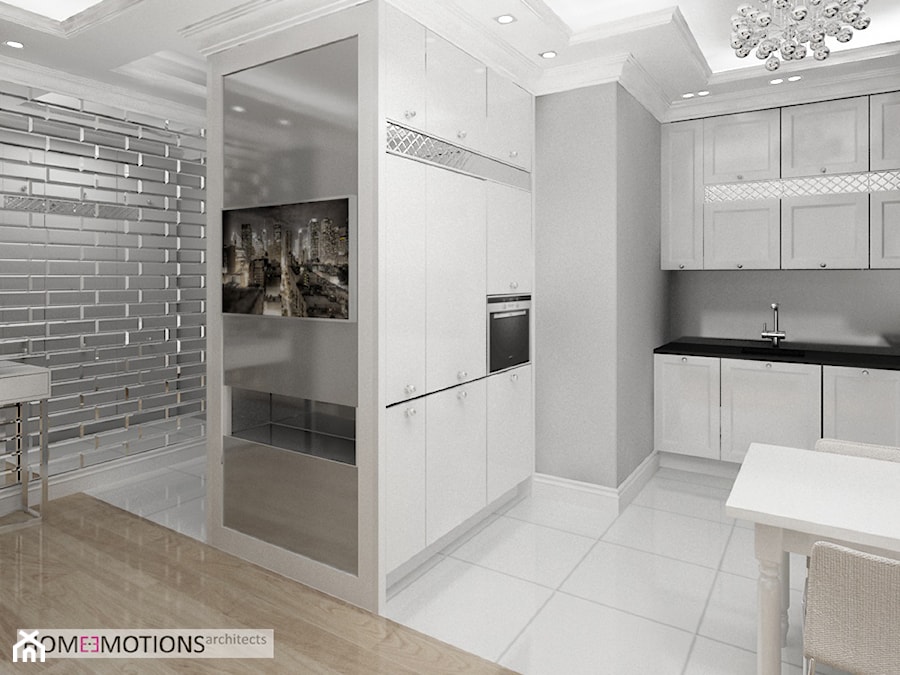 Mała średnia otwarta szara z zabudowaną lodówką kuchnia w kształcie litery u, styl nowoczesny - zdjęcie od Homeemotions.architects