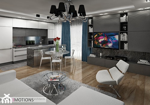 Nowoczesna elegancja - Mały czarny szary salon z kuchnią z jadalnią, styl minimalistyczny - zdjęcie od Homeemotions.architects