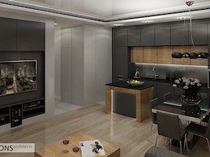 Apartament szary - Mały szary salon z kuchnią z jadalnią, styl nowoczesny - zdjęcie od Homeemotions.architects