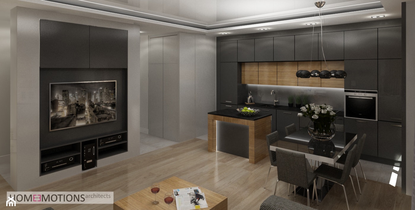 Apartament szary - Mały szary salon z kuchnią z jadalnią, styl nowoczesny - zdjęcie od Homeemotions.architects - Homebook