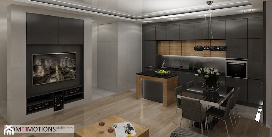 Apartament szary - Mały szary salon z kuchnią z jadalnią, styl nowoczesny - zdjęcie od Homeemotions.architects