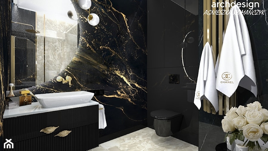 Marmurowa czaro-biała łazienka z fototapetą w apartamencie - zdjęcie od archdesign