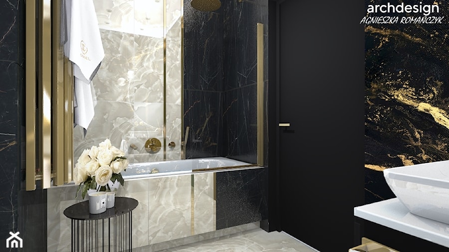 Marmurowa czaro-biała łazienka w apartamencie - zdjęcie od archdesign