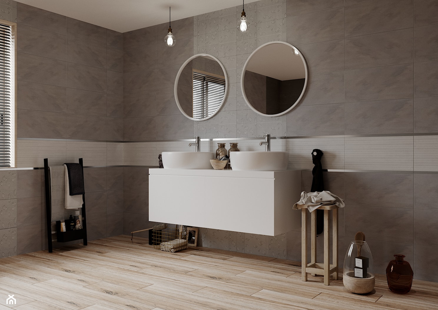 Cemento 30x60 - Duża z dwoma umywalkami łazienka z oknem, styl nowoczesny - zdjęcie od LIS Ceramika - Homebook