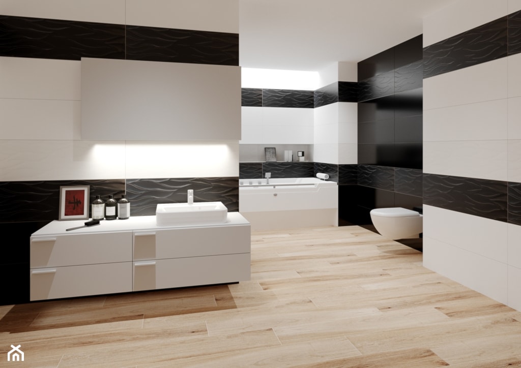 czarno-biała łazienka, płytki drewnopodobne, umywalka nablatowa