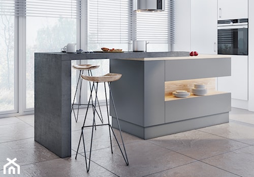 Concreto 80x80 - Średnia otwarta z salonem z kamiennym blatem biała z zabudowaną lodówką kuchnia jednorzędowa z wyspą lub półwyspem z oknem, styl nowoczesny - zdjęcie od LIS Ceramika