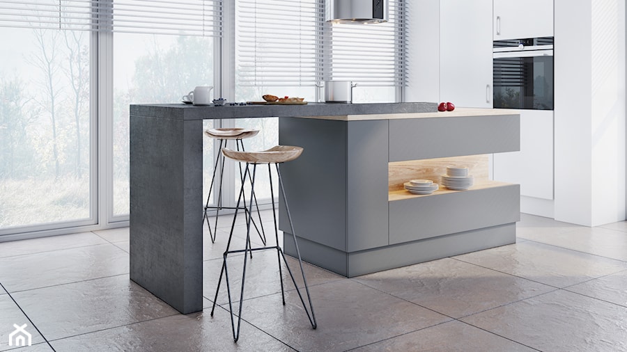 Concreto 80x80 - Średnia otwarta z salonem z kamiennym blatem biała z zabudowaną lodówką kuchnia jednorzędowa z wyspą lub półwyspem z oknem, styl nowoczesny - zdjęcie od LIS Ceramika
