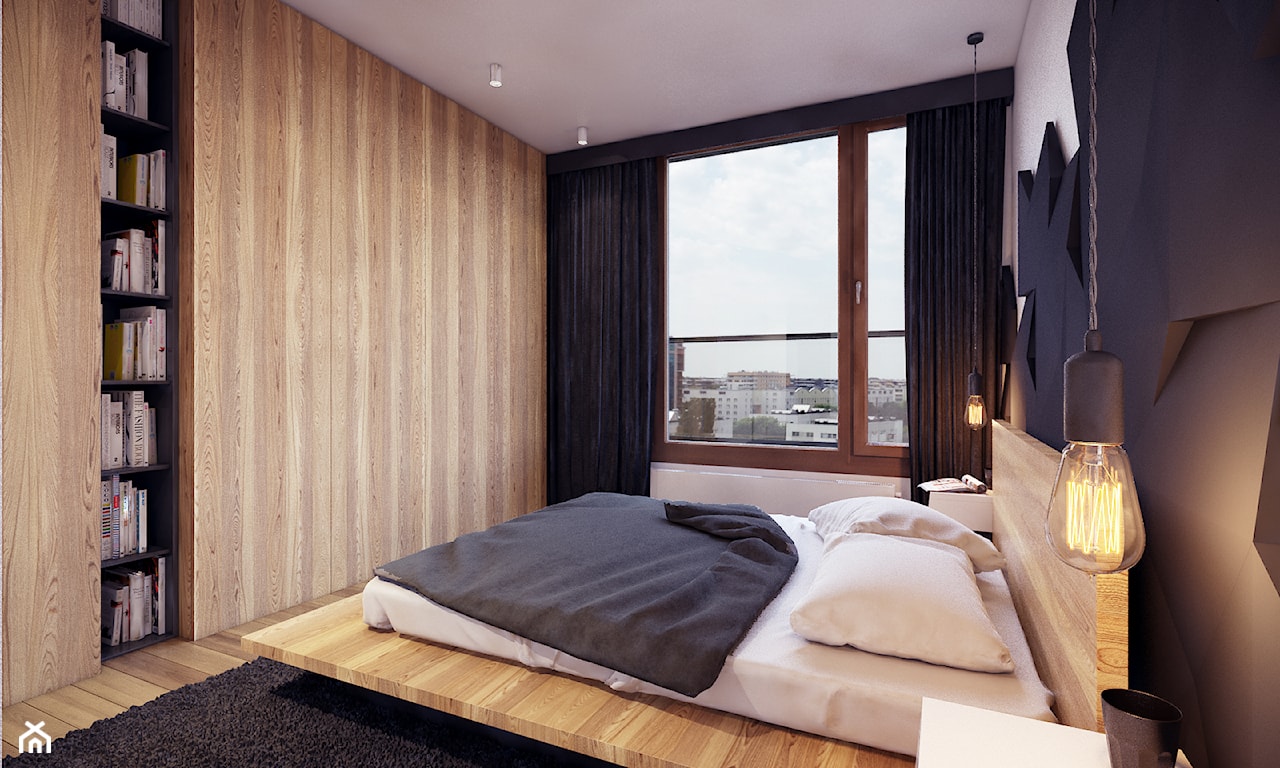 drewniana ściana w sypialni, grafitowe zasłony, czarny dywan z długim włosiem