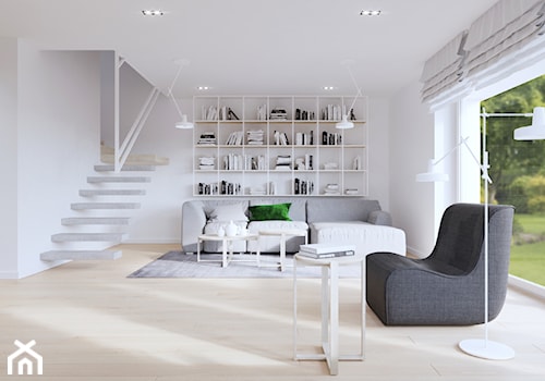 Jasny, biały salon i bardzo oryginalna poręcz schodów. - zdjęcie od SARNA ARCHITEKCI / Architektura Wnętrza dla wymagających / Interior Design