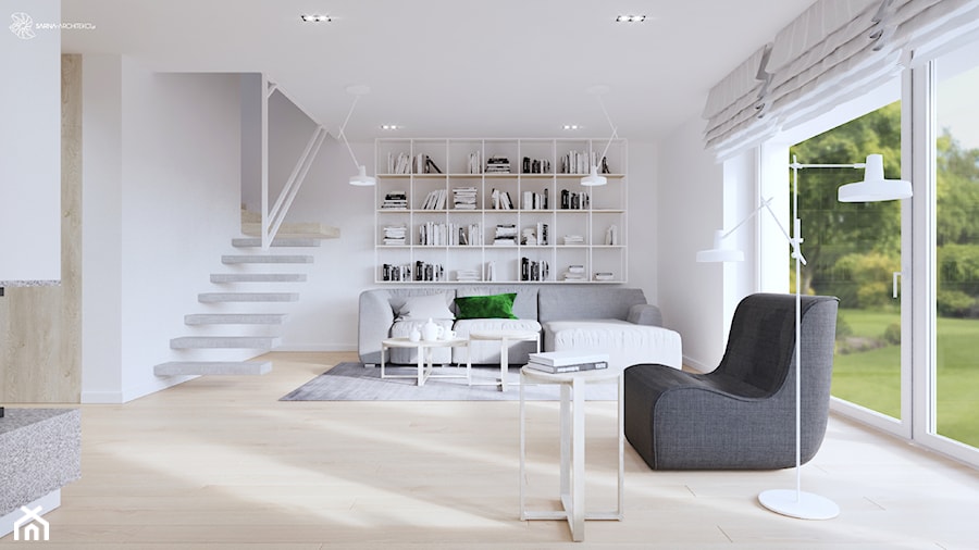 Jasny, biały salon i bardzo oryginalna poręcz schodów. - zdjęcie od SARNA ARCHITEKCI / Architektura Wnętrza dla wymagających / Interior Design
