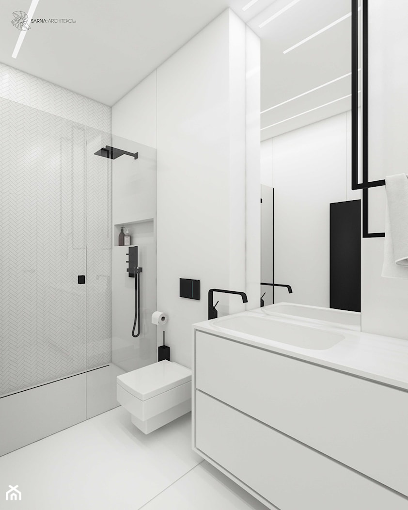 Łazienka: biel i akcenty czarne. Doskonała, czysta forma wnętrza - zdjęcie od SARNA ARCHITEKCI / Architektura Wnętrza dla wymagających / Interior Design - Homebook