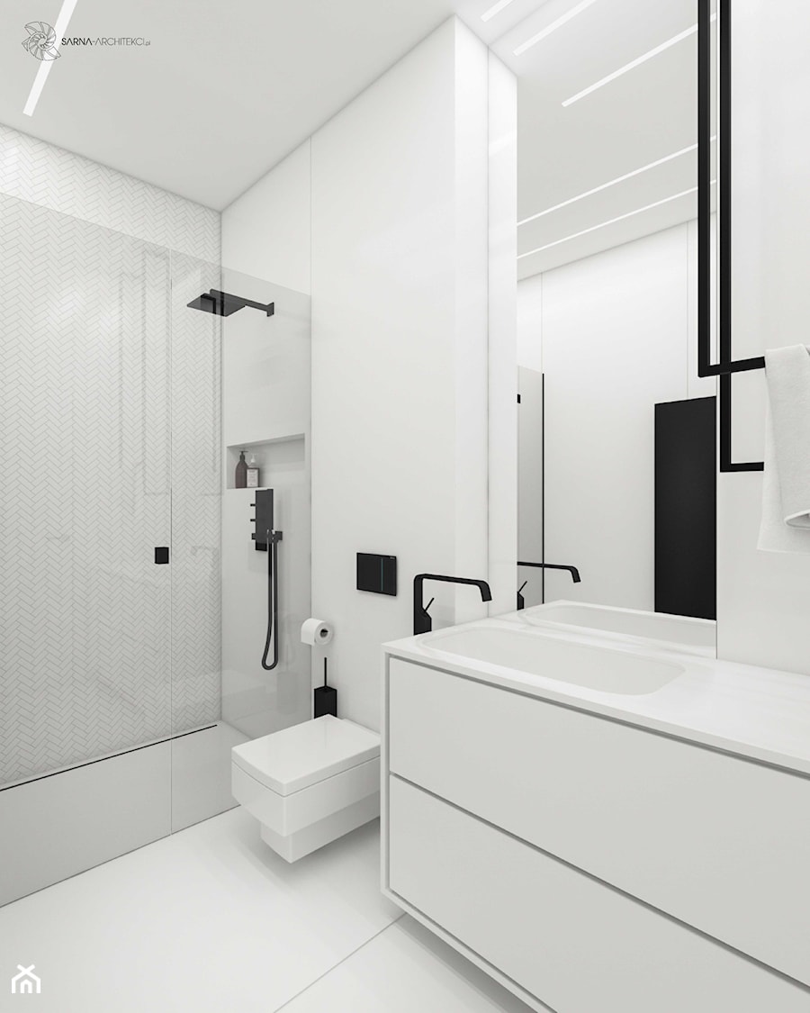 Łazienka: biel i akcenty czarne. Doskonała, czysta forma wnętrza - zdjęcie od SARNA ARCHITEKCI / Architektura Wnętrza dla wymagających / Interior Design