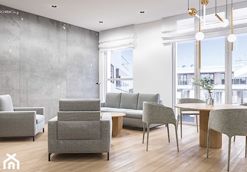 Salon szary beton i delikatne meble, wełniana tapicerka, living room with light grey loose furniture - zdjęcie od SARNA ARCHITEKCI / Architektura Wnętrza dla wymagających / Interior Design