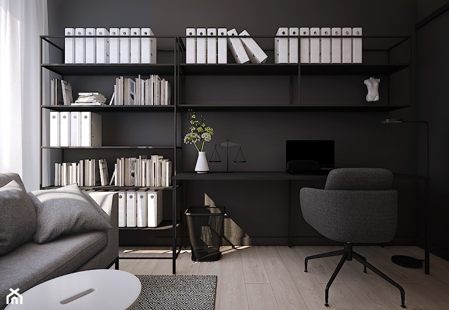 Projekt domu 100m2/Kraków - Średnie w osobnym pomieszczeniu z sofą z zabudowanym biurkiem czarne biuro, styl skandynawski - zdjęcie od ABM Studio