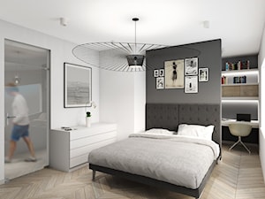 Mieszkanie Katowice - Średnia biała szara z biurkiem sypialnia, styl skandynawski - zdjęcie od crowdesign