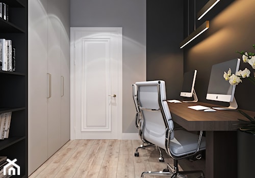 Mieszkanie łączące klasykę i nowoczesność - Średnie w osobnym pomieszczeniu z zabudowanym biurkiem czarne szare biuro, styl nowoczesny - zdjęcie od Ambience. Interior design