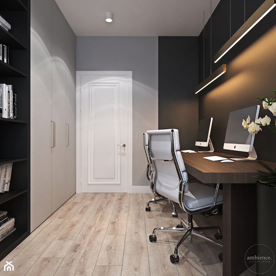 Mieszkanie łączące klasykę i nowoczesność - Średnie w osobnym pomieszczeniu z zabudowanym biurkiem czarne szare biuro, styl nowoczesny - zdjęcie od Ambience. Interior design