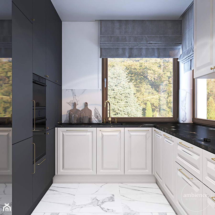 Dom w Stalowej Woli - Średnia z kamiennym blatem biała z zabudowaną lodówką kuchnia w kształcie litery u, styl glamour - zdjęcie od Ambience. Interior design