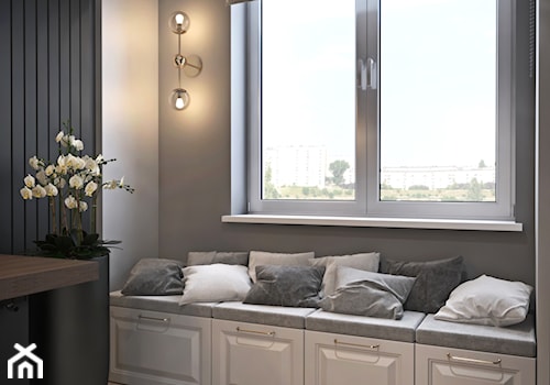 Mieszkanie łączące klasykę i nowoczesność - Małe z sofą z zabudowanym biurkiem białe czarne szare bi ... - zdjęcie od Ambience. Interior design