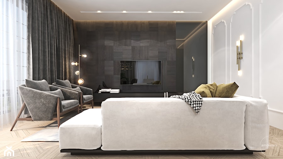 Luksusowy apartament dla singla - Duży biały czarny salon, styl nowoczesny - zdjęcie od Ambience. Interior design