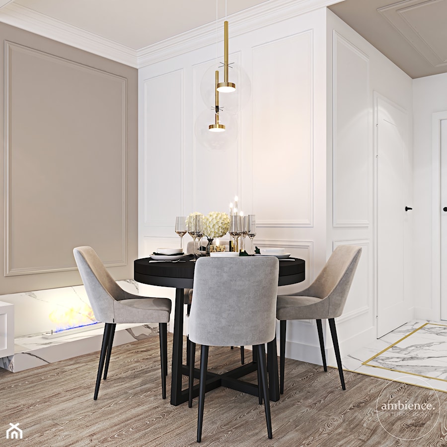 Z nutą stylu amerykańskiego - Mała biała szara jadalnia w salonie, styl glamour - zdjęcie od Ambience. Interior design