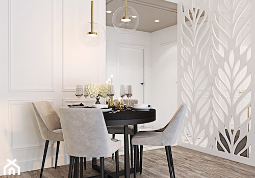 Z nutą stylu amerykańskiego - Średnia biała jadalnia jako osobne pomieszczenie, styl glamour - zdjęcie od Ambience. Interior design