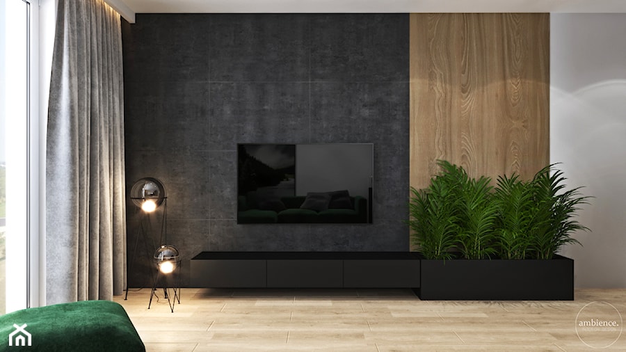 Mieszkanie z zielonym akcentem - Mały czarny szary salon, styl nowoczesny - zdjęcie od Ambience. Interior design