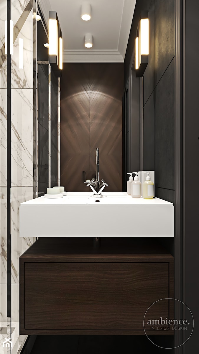 Warszawski apartament - Mała bez okna z lustrem z marmurową podłogą z punktowym oświetleniem łazienka, styl nowoczesny - zdjęcie od Ambience. Interior design