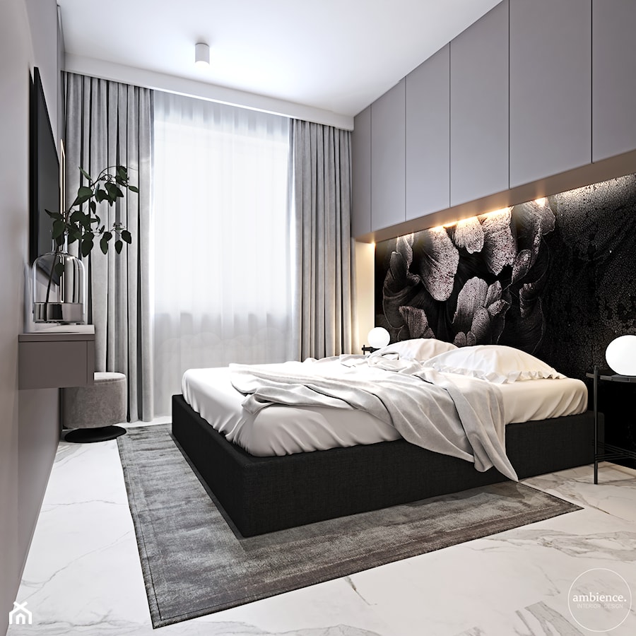Mieszkanie w kolorze kaszmiru - Mała czarna szara sypialnia, styl nowoczesny - zdjęcie od Ambience. Interior design
