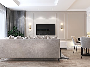 Z nutą stylu amerykańskiego - Średni beżowy biały salon z jadalnią, styl glamour - zdjęcie od Ambience. Interior design