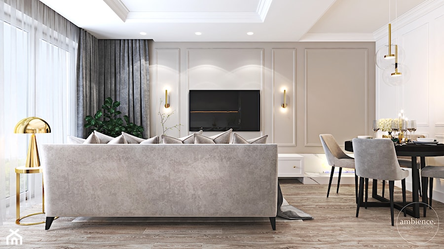 Z nutą stylu amerykańskiego - Średni beżowy biały salon z jadalnią, styl glamour - zdjęcie od Ambience. Interior design