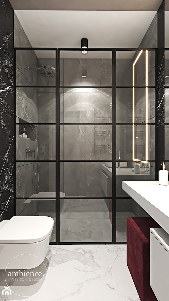Mieszkanie z bordowym akcentem - Średnia bez okna z punktowym oświetleniem łazienka, styl nowoczesny - zdjęcie od Ambience. Interior design - Homebook