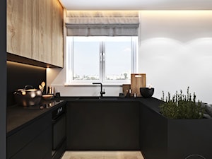 Mieszkanie z zielonym akcentem - Mała otwarta z kamiennym blatem czarna szara z zabudowaną lodówką z nablatowym zlewozmywakiem kuchnia w kształcie litery u z oknem, styl nowoczesny - zdjęcie od Ambience. Interior design