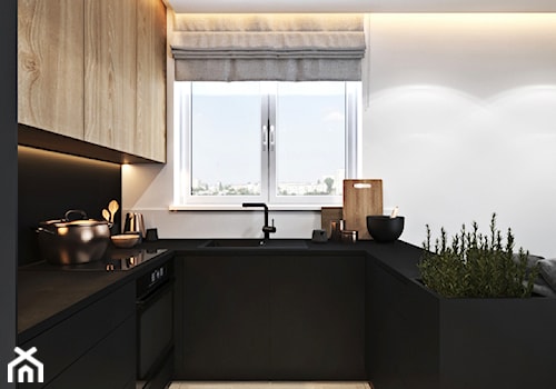 Mieszkanie z zielonym akcentem - Mała otwarta z kamiennym blatem czarna szara z zabudowaną lodówką z nablatowym zlewozmywakiem kuchnia w kształcie litery u z oknem, styl nowoczesny - zdjęcie od Ambience. Interior design
