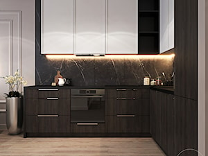 Mieszkanie z bordowym akcentem - Średnia otwarta czarna szara z zabudowaną lodówką kuchnia w kształcie litery l z marmurem nad blatem kuchennym, styl nowoczesny - zdjęcie od Ambience. Interior design
