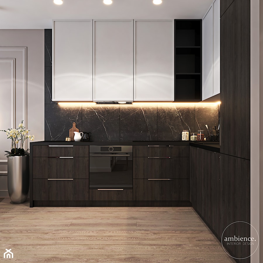 Mieszkanie z bordowym akcentem - Średnia otwarta czarna szara z zabudowaną lodówką kuchnia w kształcie litery l z marmurem nad blatem kuchennym, styl nowoczesny - zdjęcie od Ambience. Interior design